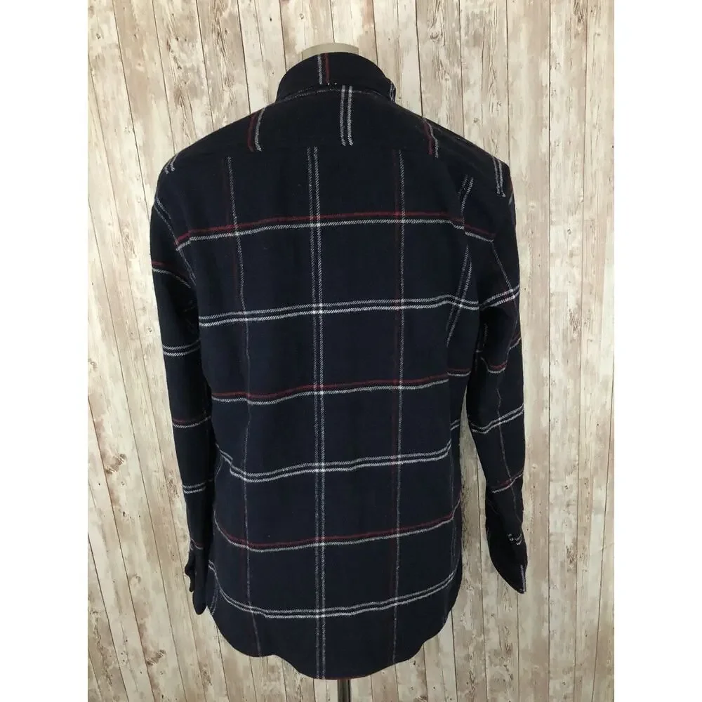 De Facto Shirt Mens Medium Button Up Flannel Pocket Winter Plaid Navy Blue N114